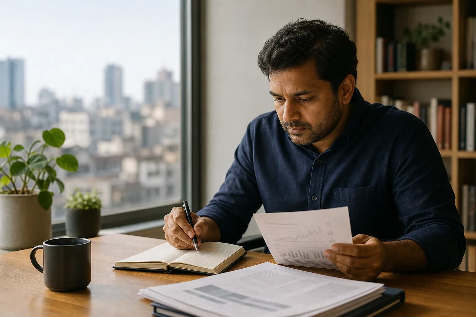 A financial writer reviewing research and making notes beside a city window
