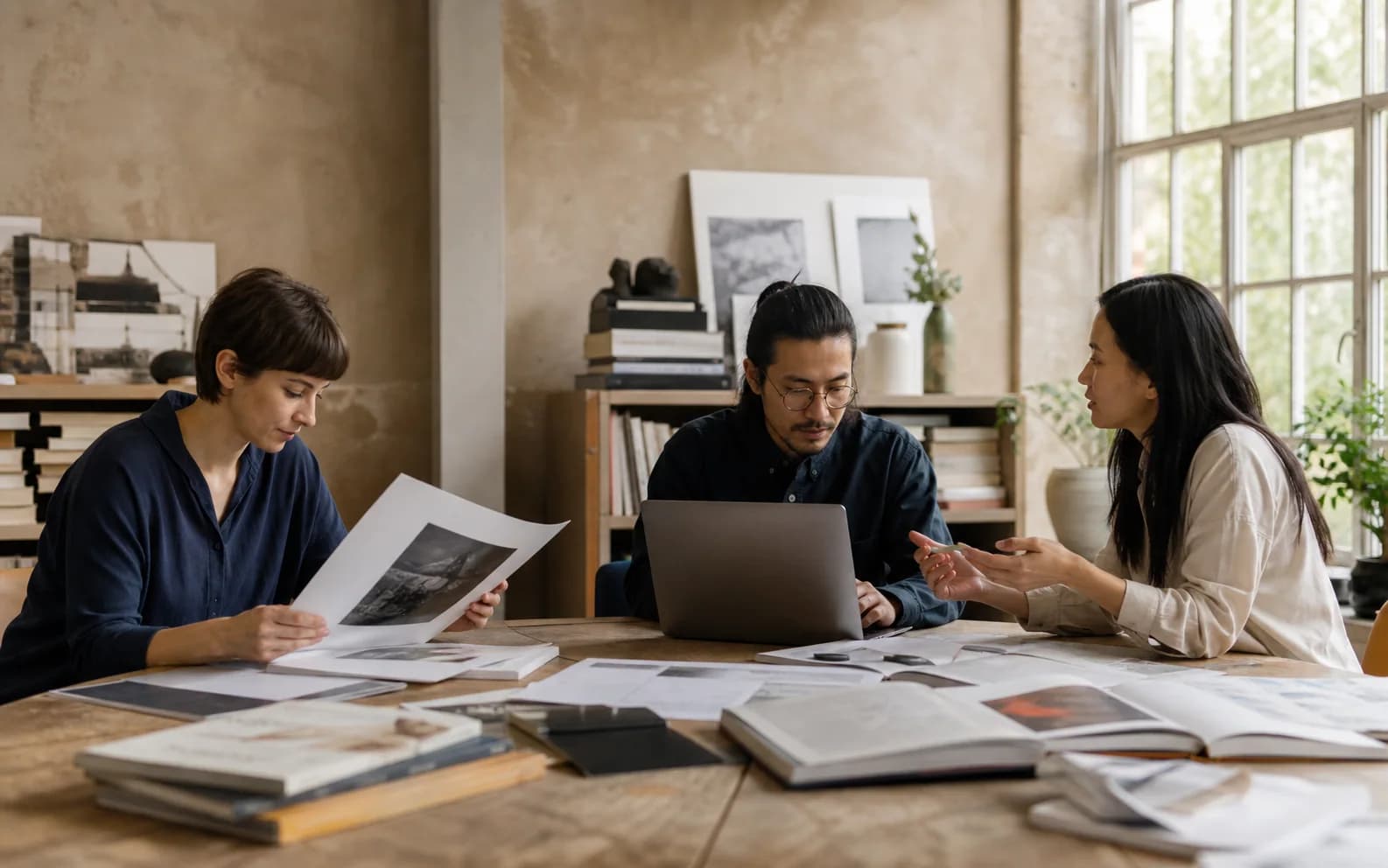Professionals collaborating in a research and content studio