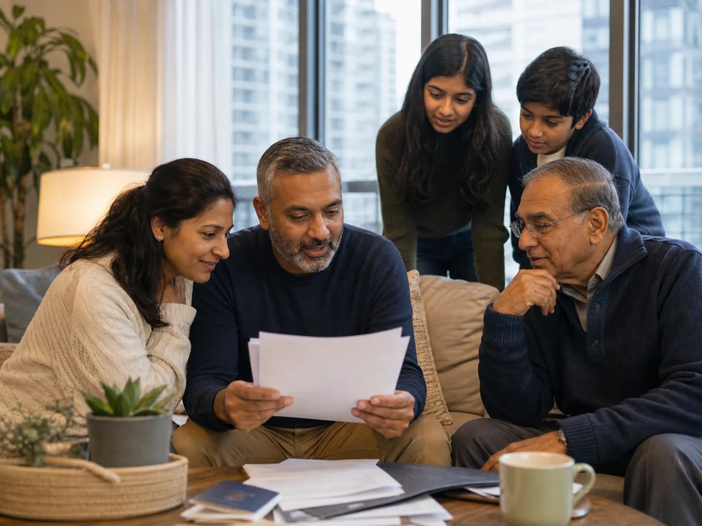 A multigenerational family reviewing household decisions together