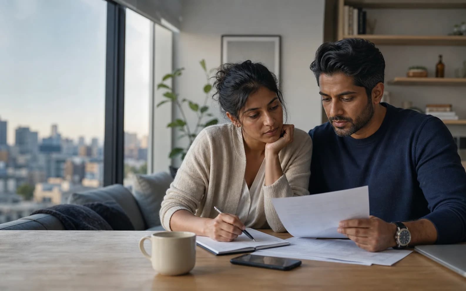 A couple reviewing an important life decision together at home