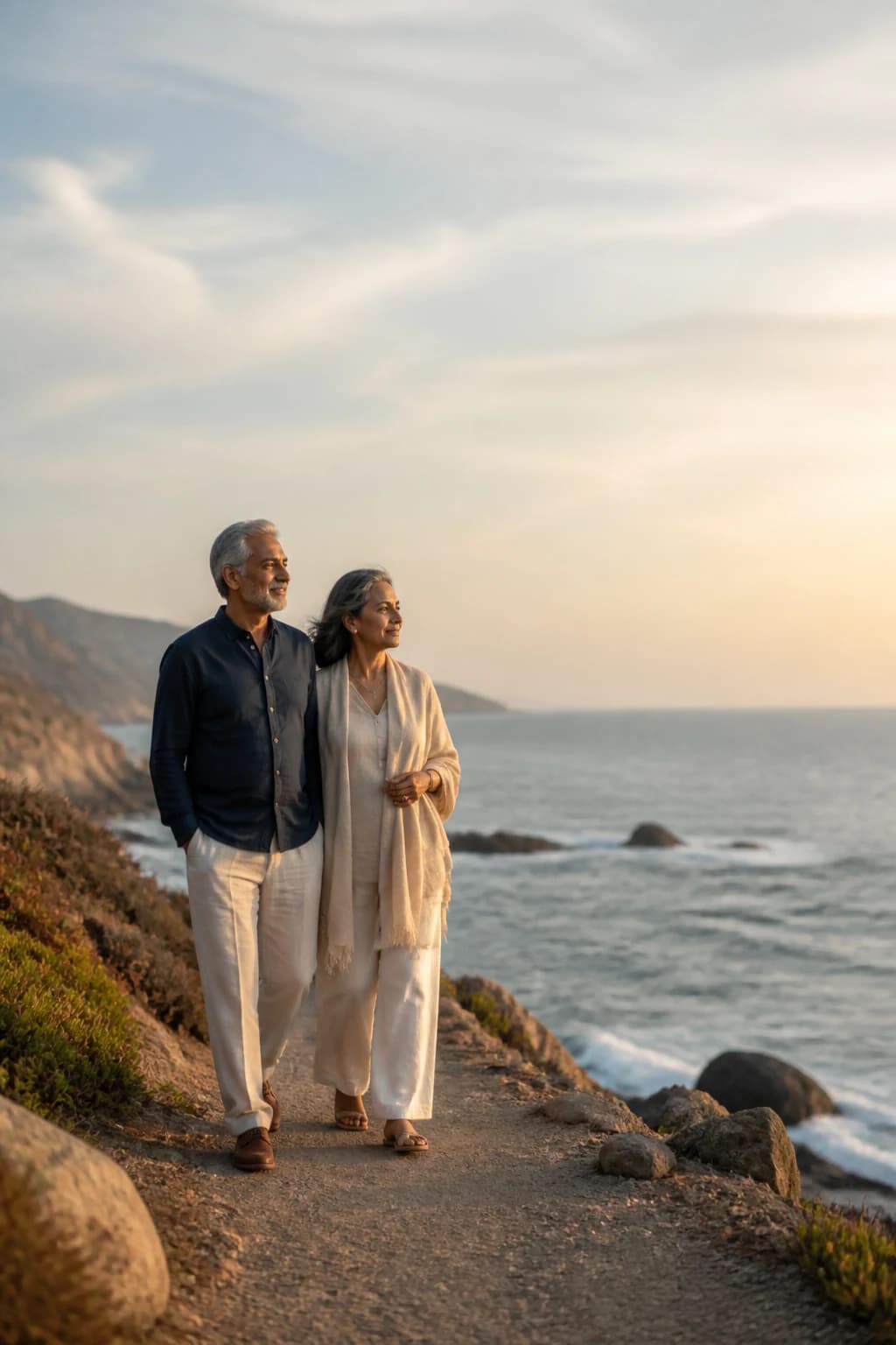 A couple walking together beside the coast during a new life stage.