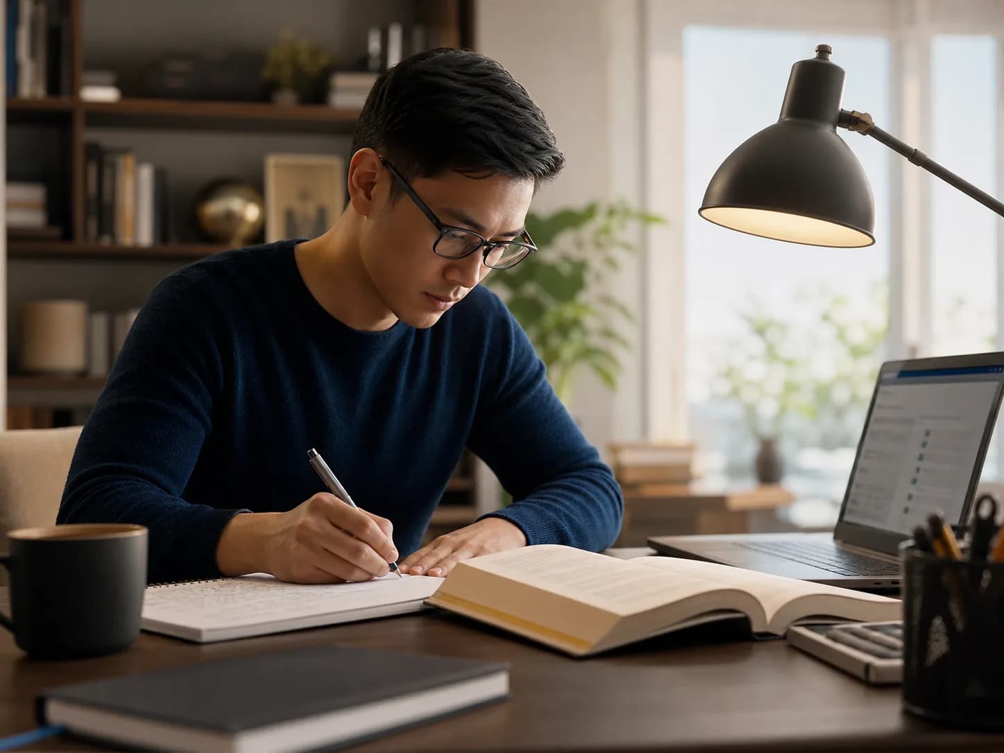 A finance professional studying with a textbook, notebook and laptop