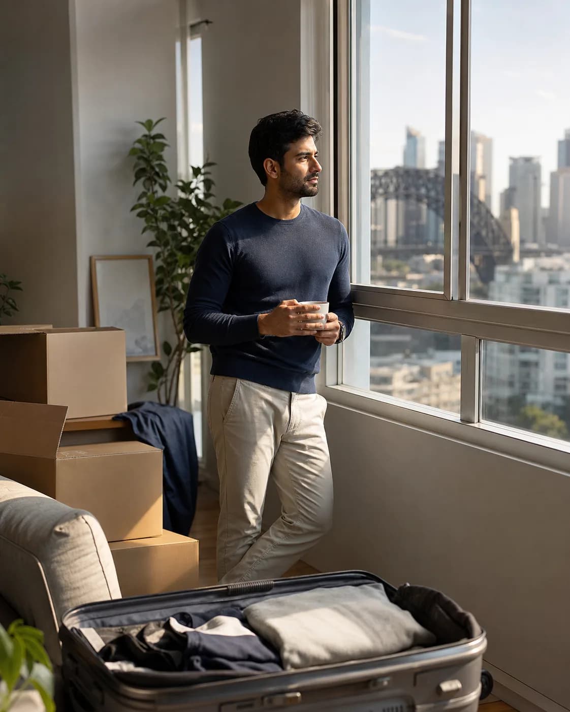 Professional settling into a new apartment overlooking Sydney