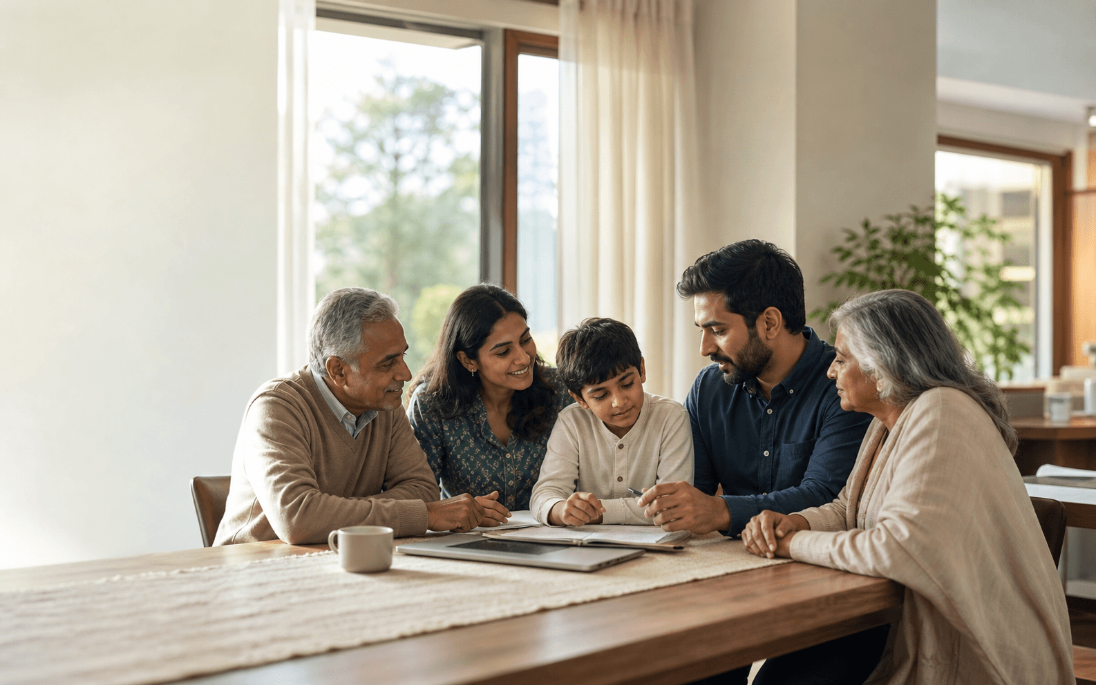 A multigenerational family considering plans together at home.