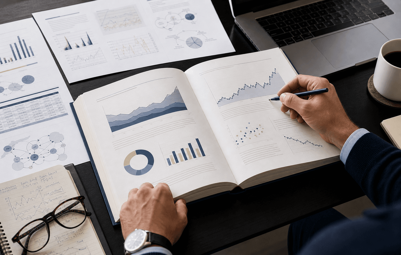 Financial research reports, analytical charts and working notes arranged on an analyst's desk.